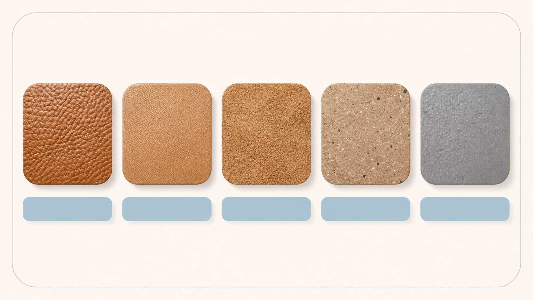 Five leather swatches side by side: full-grain, top-grain, split, recycled bonded fibre and synthetic
