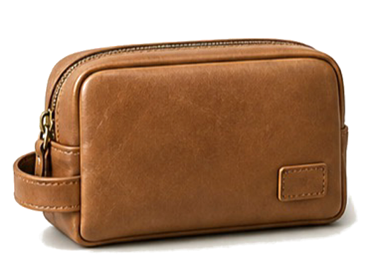 A compact sand-brown leather wash bag with a brass zip