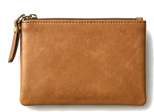 A flat sand-brown leather zip pouch seen from above
