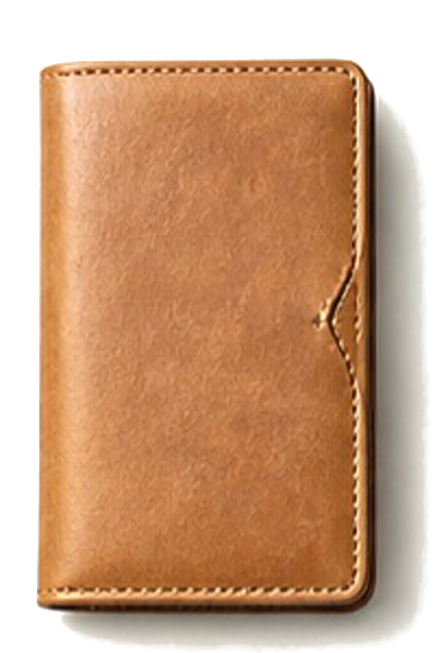 A slim sand-brown leather document cover seen from above